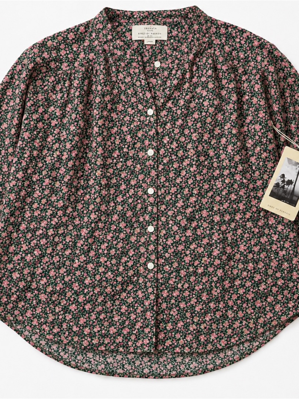 Trovata Birds of Paradis Green Pink Floral Band Collar Button-Up Blouse L